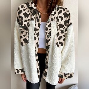Fuzzy Button Up Long Sleeve Animal Print Teddy Jacket